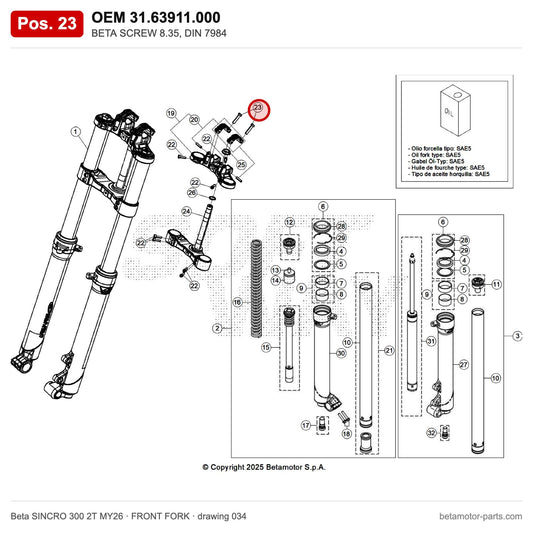 BETA SCREW 8.35, DIN 7984 – OEM 31.63911.000, position 23 on the Beta SINCRO 300 2T MY26 front fork drawing