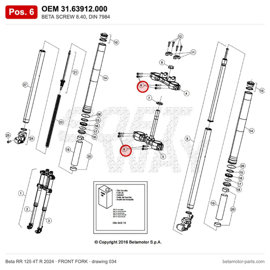 BETA SCREW 8.40, DIN 7984 – OEM 31.63912.000, position 6 on the Beta RR 125 4T R 2024 front fork drawing