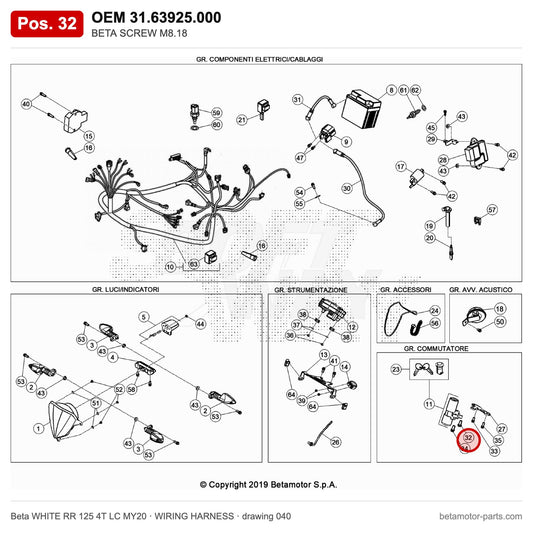 BETA SCREW M8.18 – OEM 31.63925.000, position 32 on the Beta WHITE RR 125 4T LC MY20 wiring harness drawing