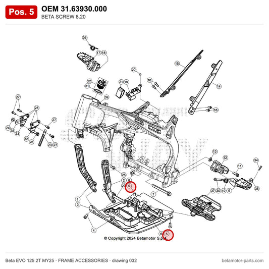 BETA SCREW 8.20 – OEM 31.63930.000, position 5 on the Beta EVO 125 2T MY25 frame accessories drawing