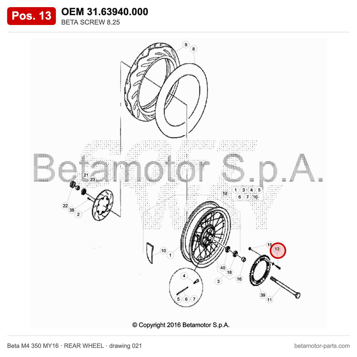 BETA SCREW 8.25 – OEM 31.63940.000, position 13 on the Beta M4 350 MY16 rear wheel drawing