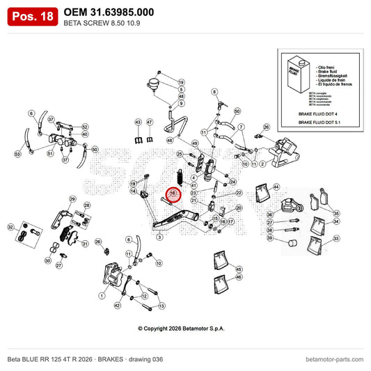 BETA SCREW 8.50 10.9 – OEM 31.63985.000, position 18 on the Beta BLUE RR 125 4T R 2026 brakes drawing