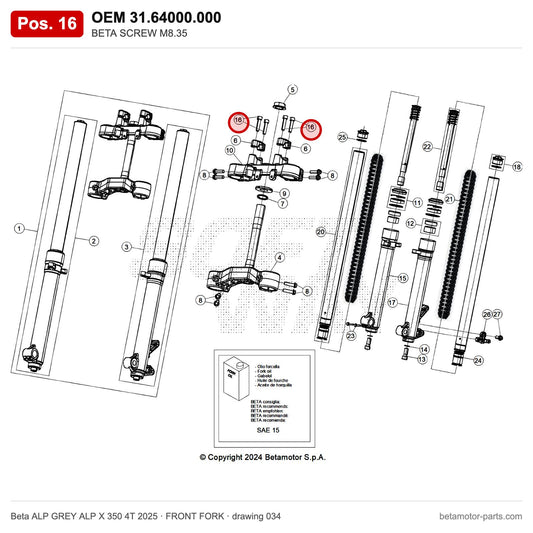 BETA SCREW M8.35 – OEM 31.64000.000, position 16 on the Beta ALP GREY ALP X 350 4T 2025 front fork drawing