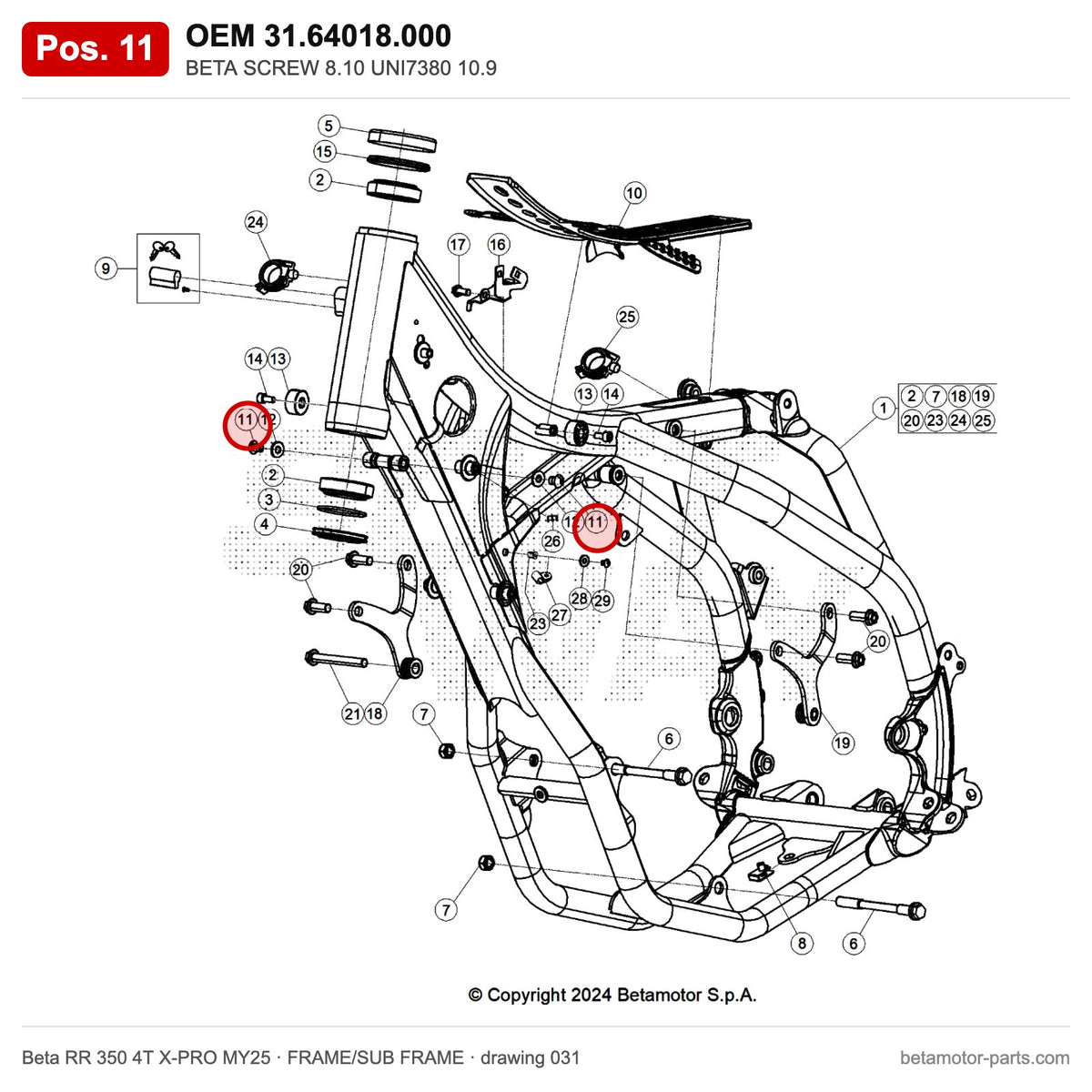 BETA SCREW 8.10 UNI7380 10.9 – OEM 31.64018.000, position 11 on the Beta RR 350 4T X-PRO MY25 frame/sub frame drawing
