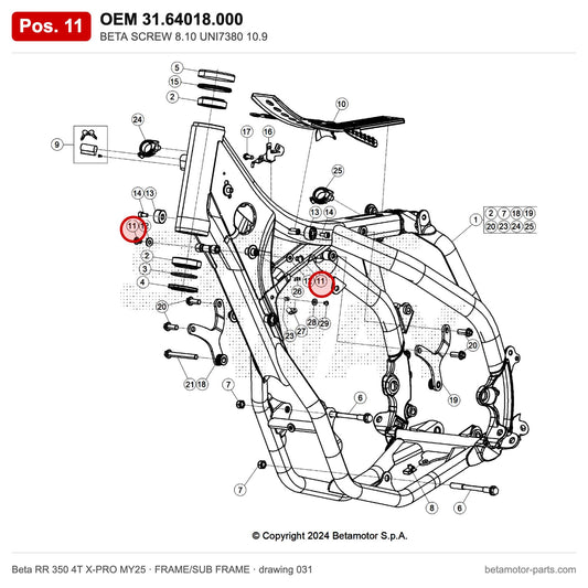 BETA SCREW 8.10 UNI7380 10.9 – OEM 31.64018.000, position 11 on the Beta RR 350 4T X-PRO MY25 frame/sub frame drawing