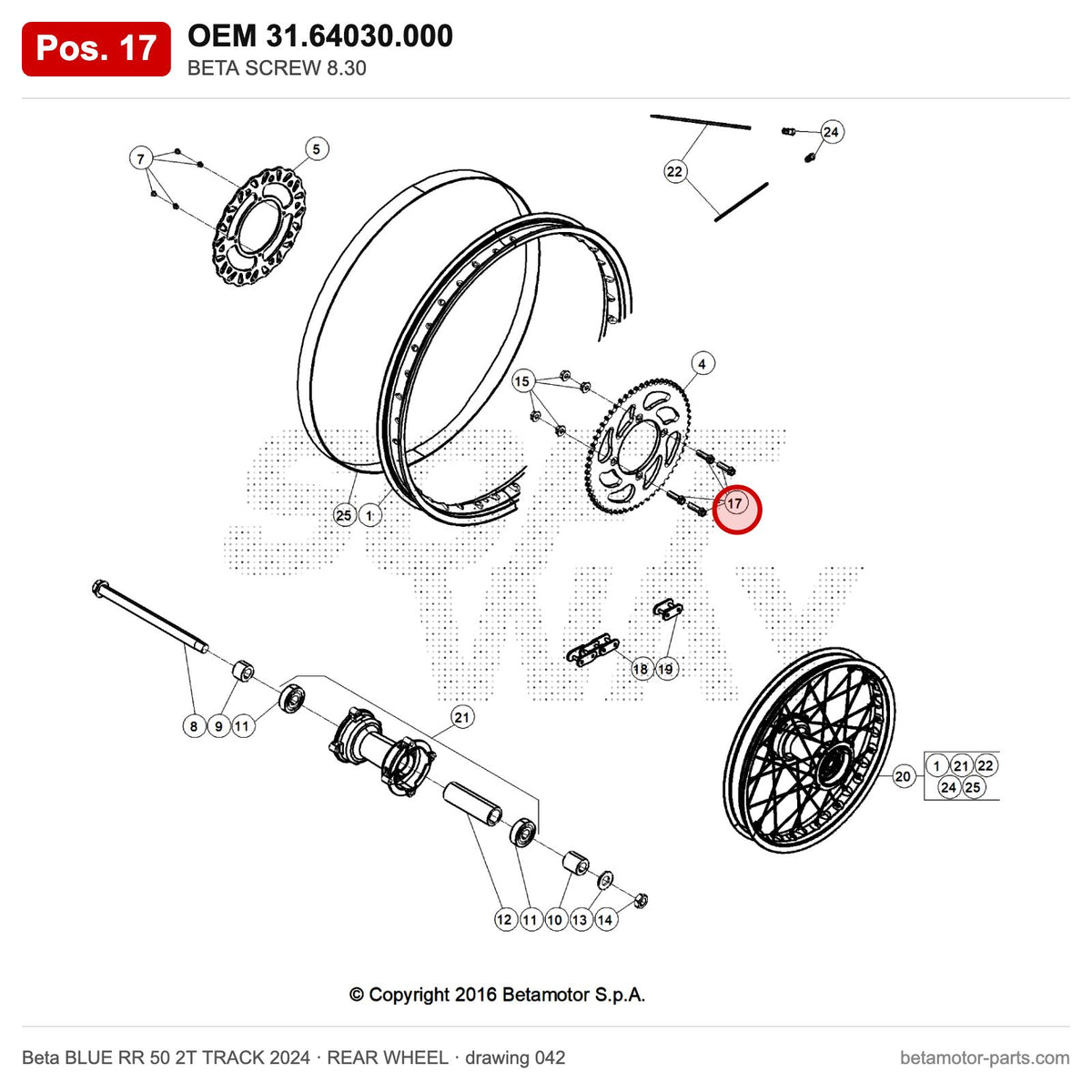 BETA SCREW 8.30 – OEM 31.64030.000, position 17 on the Beta BLUE RR 50 2T TRACK 2024 rear wheel drawing