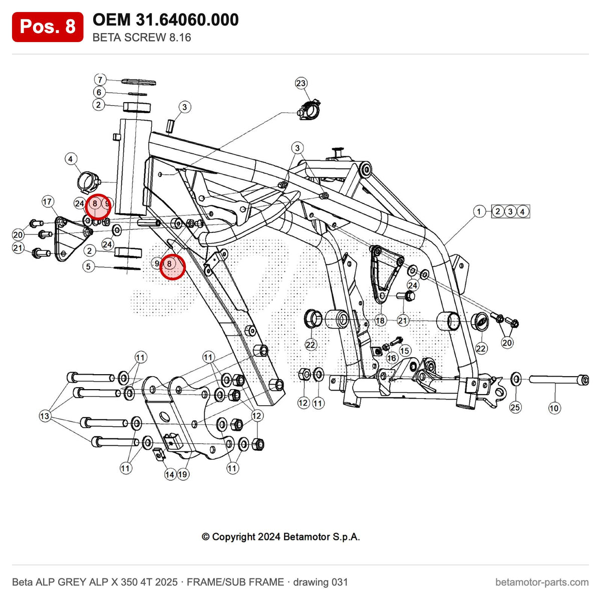 BETA SCREW 8.16 – OEM 31.64060.000, position 8 on the Beta ALP GREY ALP X 350 4T 2025 frame/sub frame drawing