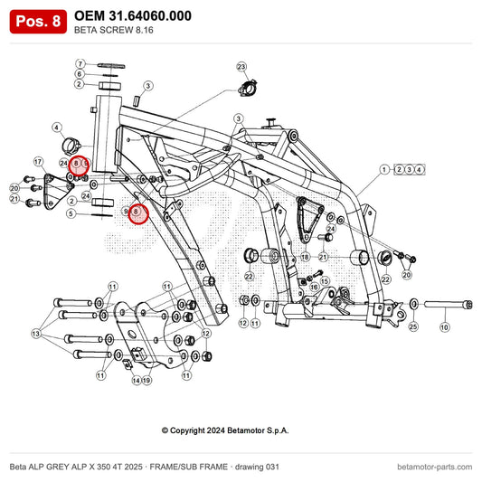 BETA SCREW 8.16 – OEM 31.64060.000, position 8 on the Beta ALP GREY ALP X 350 4T 2025 frame/sub frame drawing