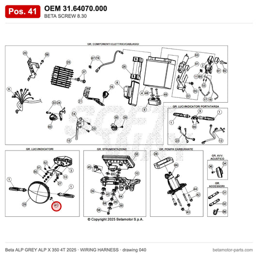 BETA SCREW 8.30 – OEM 31.64070.000, position 41 on the Beta ALP GREY ALP X 350 4T 2025 wiring harness drawing