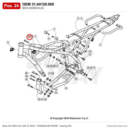 BETA SCREW 8.50 – OEM 31.64120.000, position 24 on the Beta ALP RED ALP 200 4T 2024 frame/sub frame drawing