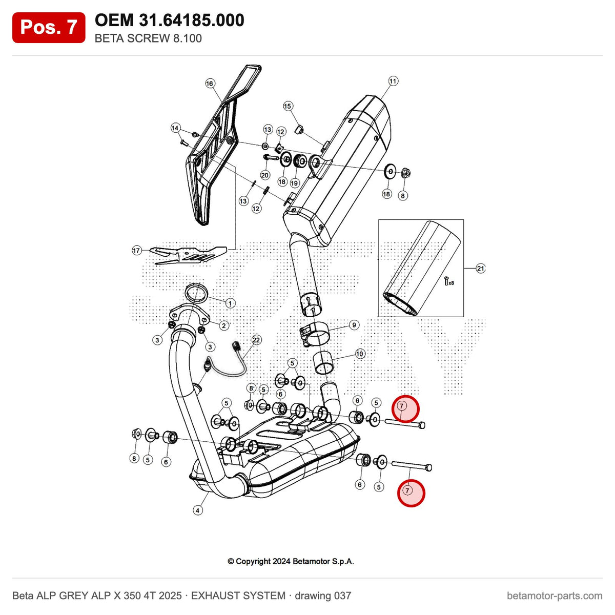 BETA SCREW 8.100 – OEM 31.64185.000, position 7 on the Beta ALP GREY ALP X 350 4T 2025 exhaust system drawing