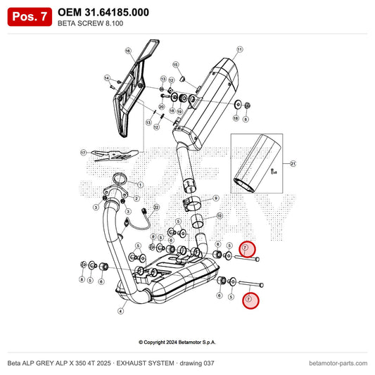 BETA SCREW 8.100 – OEM 31.64185.000, position 7 on the Beta ALP GREY ALP X 350 4T 2025 exhaust system drawing
