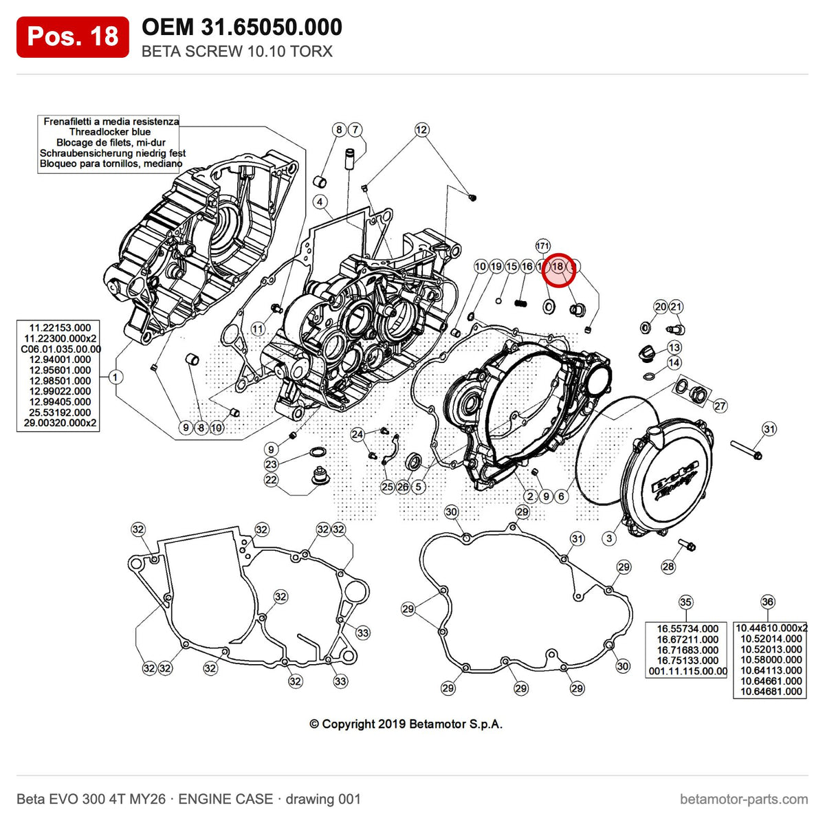 BETA SCREW 10.10 TORX – OEM 31.65050.000, position 18 on the Beta EVO 300 4T MY26 engine case drawing