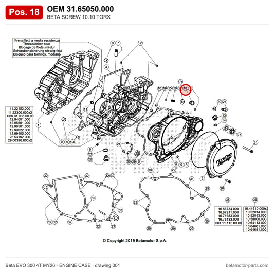 BETA SCREW 10.10 TORX – OEM 31.65050.000, position 18 on the Beta EVO 300 4T MY26 engine case drawing