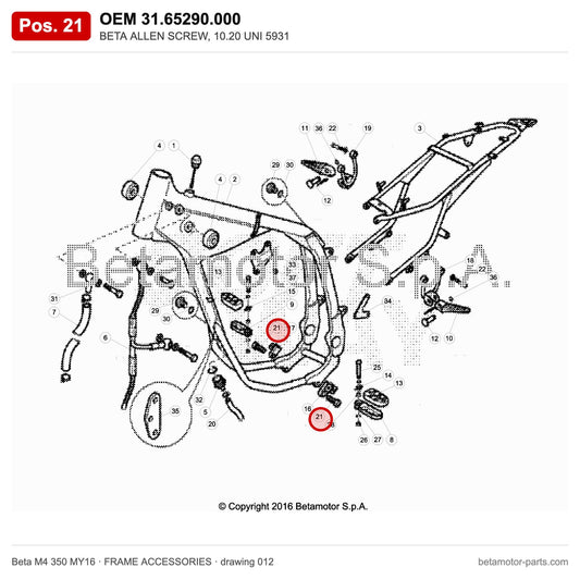 BETA ALLEN SCREW, 10.20 UNI 5931 – OEM 31.65290.000, position 21 on the Beta M4 350 MY16 frame accessories drawing