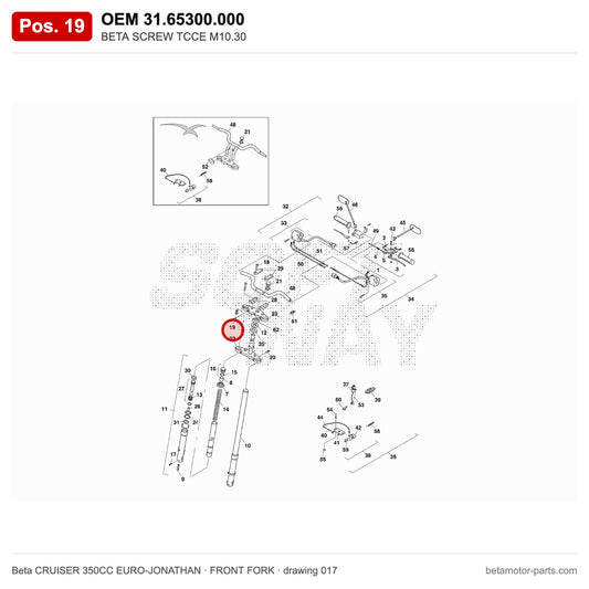 BETA SCREW TCCE M10.30 – OEM 31.65300.000, position 19 on the Beta CRUISER 350CC EURO-JONATHAN front fork drawing