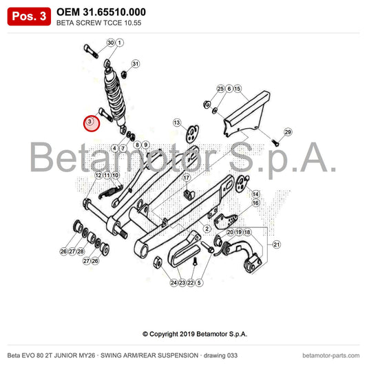 BETA SCREW TCCE 10.55 – OEM 31.65510.000, position 3 on the Beta EVO 80 2T JUNIOR MY26 swing arm/rear suspension drawing