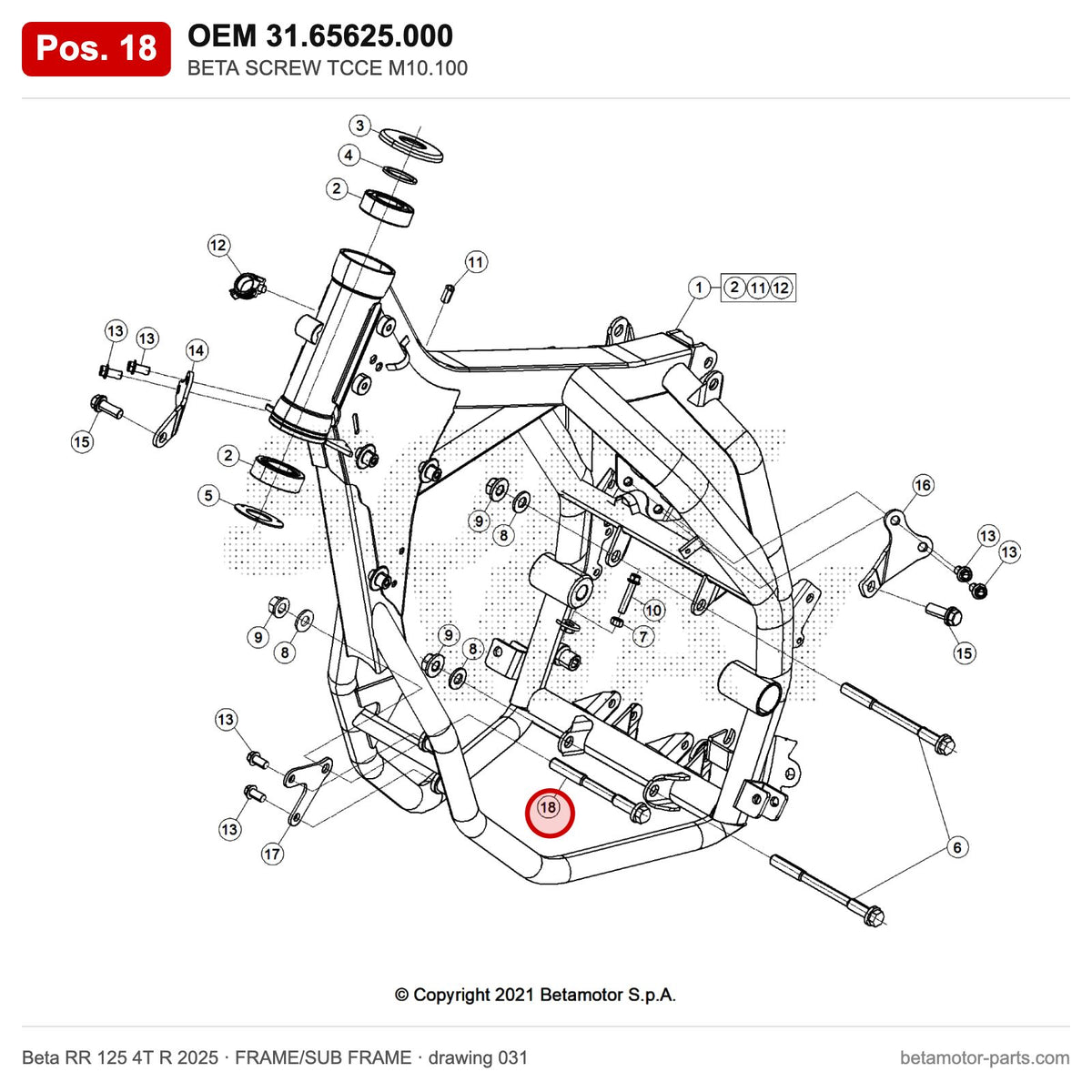 BETA SCREW TCCE M10.100 – OEM 31.65625.000, position 18 on the Beta RR 125 4T R 2025 frame/sub frame drawing