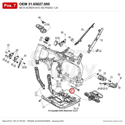 BETA SCREW M10.100 PASSO 1,25 – OEM 31.65627.000, position 7 on the Beta EVO 125 2T MY25 frame accessories drawing