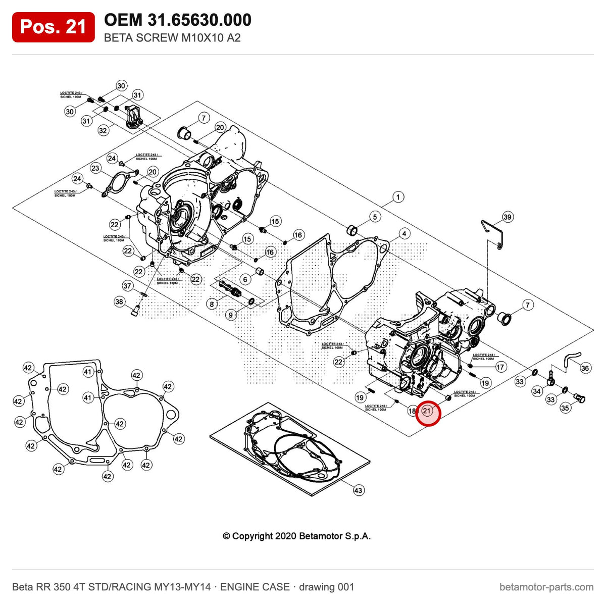 BETA SCREW M10X10 A2 – OEM 31.65630.000, position 21 on the Beta RR 350 4T STD/RACING MY13-MY14 engine case drawing