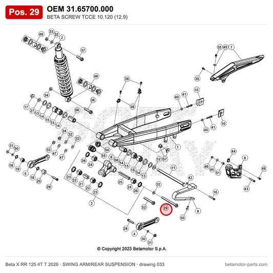 BETA SCREW TCCE 10.120 (12.9) – OEM 31.65700.000, position 29 on the Beta X RR 125 4T T 2026 swing arm/rear suspension drawing