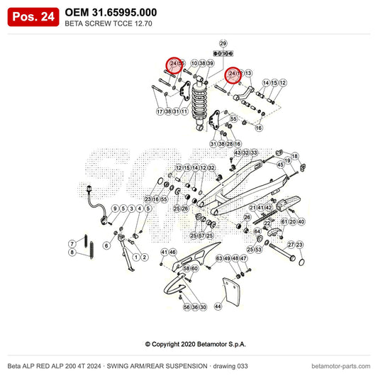 BETA SCREW TCCE 12.70 – OEM 31.65995.000, position 24 on the Beta ALP RED ALP 200 4T 2024 swing arm/rear suspension drawing