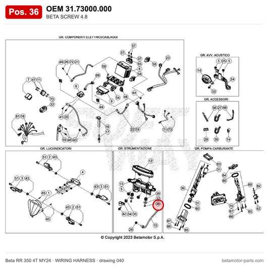 BETA SCREW 4.8 – OEM 31.73000.000, position 36 on the Beta RR 350 4T MY24 wiring harness drawing
