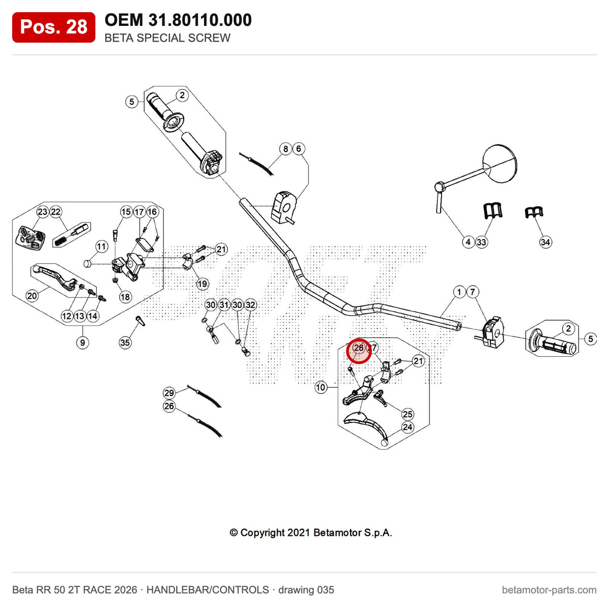 BETA SPECIAL SCREW – OEM 31.80110.000, position 28 on the Beta RR 50 2T RACE 2026 handlebar/controls drawing