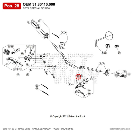 BETA SPECIAL SCREW – OEM 31.80110.000, position 28 on the Beta RR 50 2T RACE 2026 handlebar/controls drawing