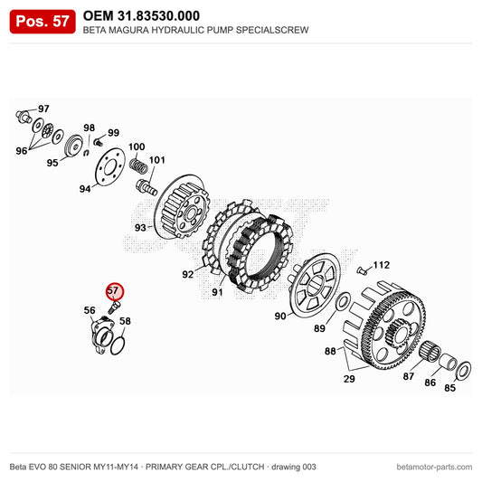 BETA MAGURA HYDRAULIC PUMP SPECIALSCREW – OEM 31.83530.000, position 57 on the Beta EVO 80 SENIOR MY11-MY14 primary gear cpl./clutch drawing