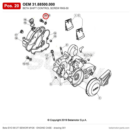 BETA SHIFT CONTROL SCREW RK6-50 – OEM 31.88500.000, position 20 on the Beta EVO 80 2T SENIOR MY26 engine case drawing