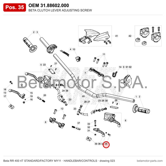 BETA CLUTCH LEVER ADJUSTING SCREW – OEM 31.88602.000, position 35 on the Beta RR 400 4T STANDARD/FACTORY MY11 handlebar/controls drawing