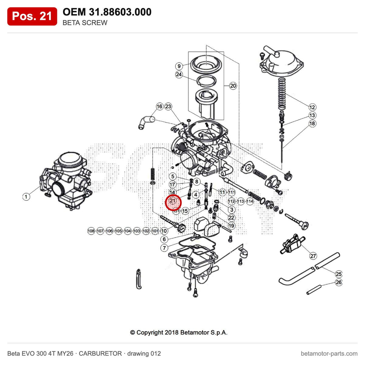 BETA SCREW – OEM 31.88603.000, position 21 on the Beta EVO 300 4T MY26 carburetor drawing