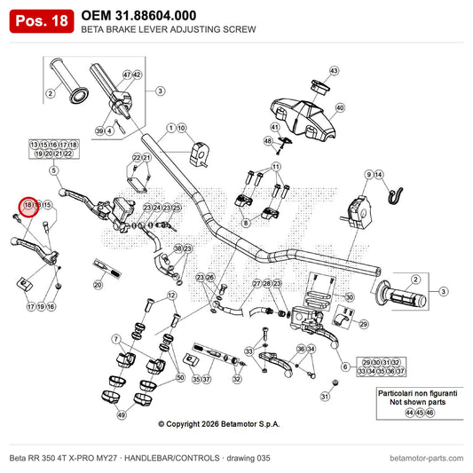 BETA BRAKE LEVER ADJUSTING SCREW – OEM 31.88604.000, position 18 on the Beta RR 350 4T X-PRO MY27 handlebar/controls drawing
