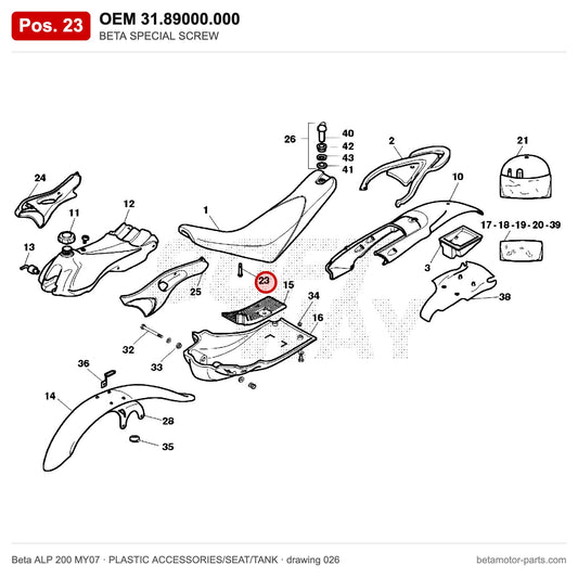 BETA SPECIAL SCREW – OEM 31.89000.000, position 23 on the Beta ALP 200 MY07 plastic accessories/seat/tank drawing