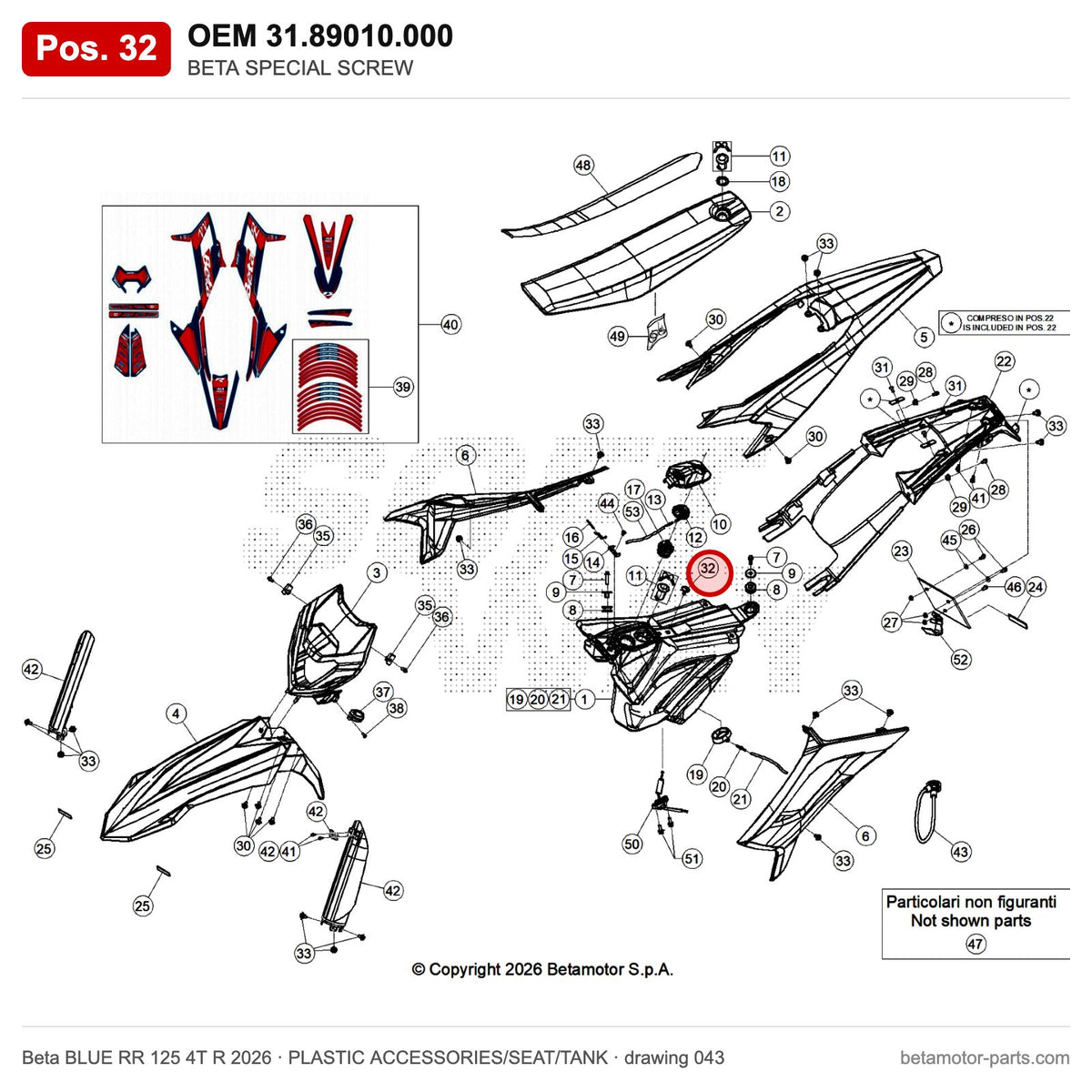 BETA SPECIAL SCREW – OEM 31.89010.000, position 32 on the Beta BLUE RR 125 4T R 2026 plastic accessories/seat/tank drawing