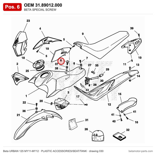 BETA SPECIAL SCREW – OEM 31.89012.000, position 6 on the Beta URBAN 125 MY11-MY12 plastic accessories/seat/tank drawing