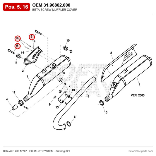BETA SCREW MUFFLER COVER – OEM 31.96802.000, positions 5,16 on the Beta ALP 200 MY07 exhaust system drawing