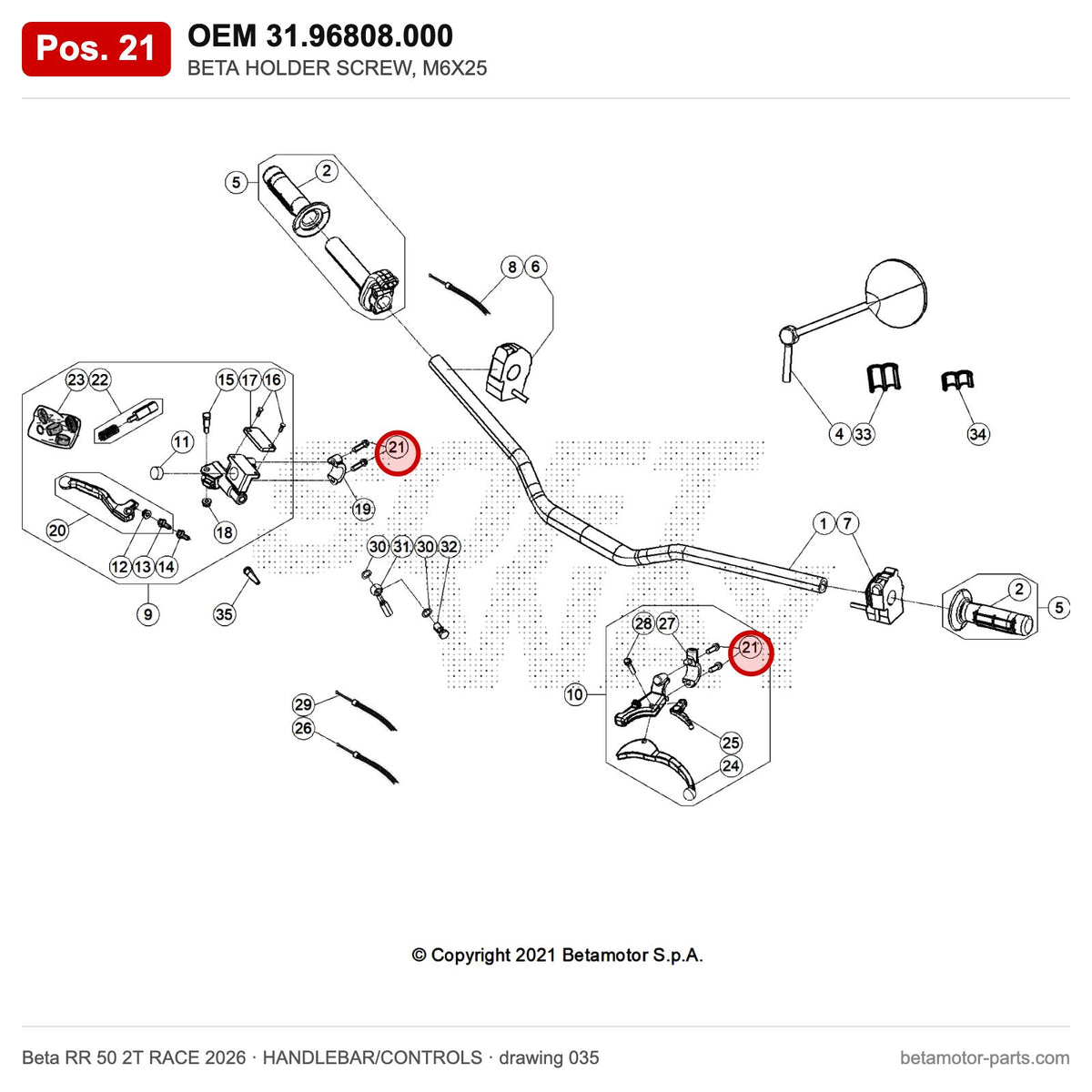 BETA HOLDER SCREW, M6X25 – OEM 31.96808.000, position 21 on the Beta RR 50 2T RACE 2026 handlebar/controls drawing