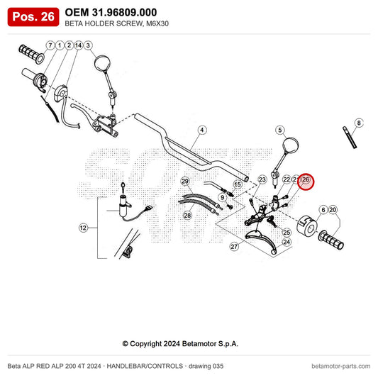 BETA HOLDER SCREW, M6X30 – OEM 31.96809.000, position 26 on the Beta ALP RED ALP 200 4T 2024 handlebar/controls drawing