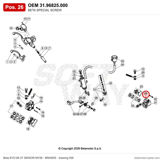 BETA SPECIAL SCREW – OEM 31.96825.000, position 26 on the Beta EVO 80 2T SENIOR MY26 brakes drawing