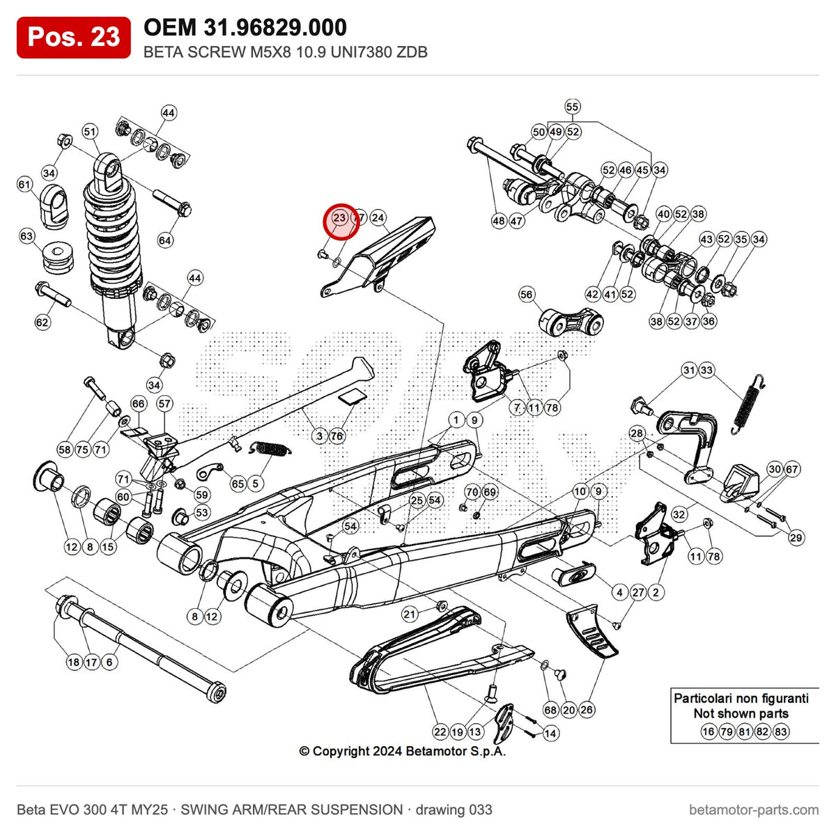 BETA SCREW M5X8 10.9 UNI7380 ZDB – OEM 31.96829.000, position 23 on the Beta EVO 300 4T MY25 swing arm/rear suspension drawing
