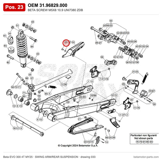 BETA SCREW M5X8 10.9 UNI7380 ZDB – OEM 31.96829.000, position 23 on the Beta EVO 300 4T MY25 swing arm/rear suspension drawing