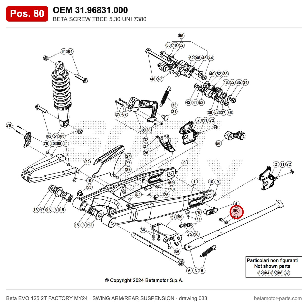 BETA SCREW TBCE 5.30 UNI 7380 – OEM 31.96831.000, position 80 on the Beta EVO 125 2T FACTORY MY24 swing arm/rear suspension drawing