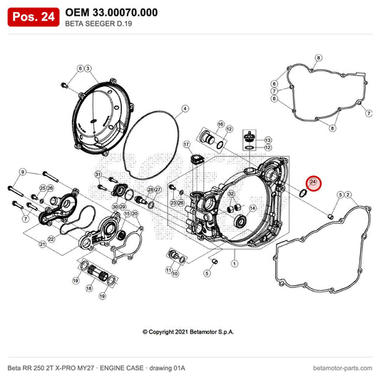 BETA SEEGER D.19 – OEM 33.00070.000, position 24 on the Beta RR 250 2T X-PRO MY27 engine case drawing