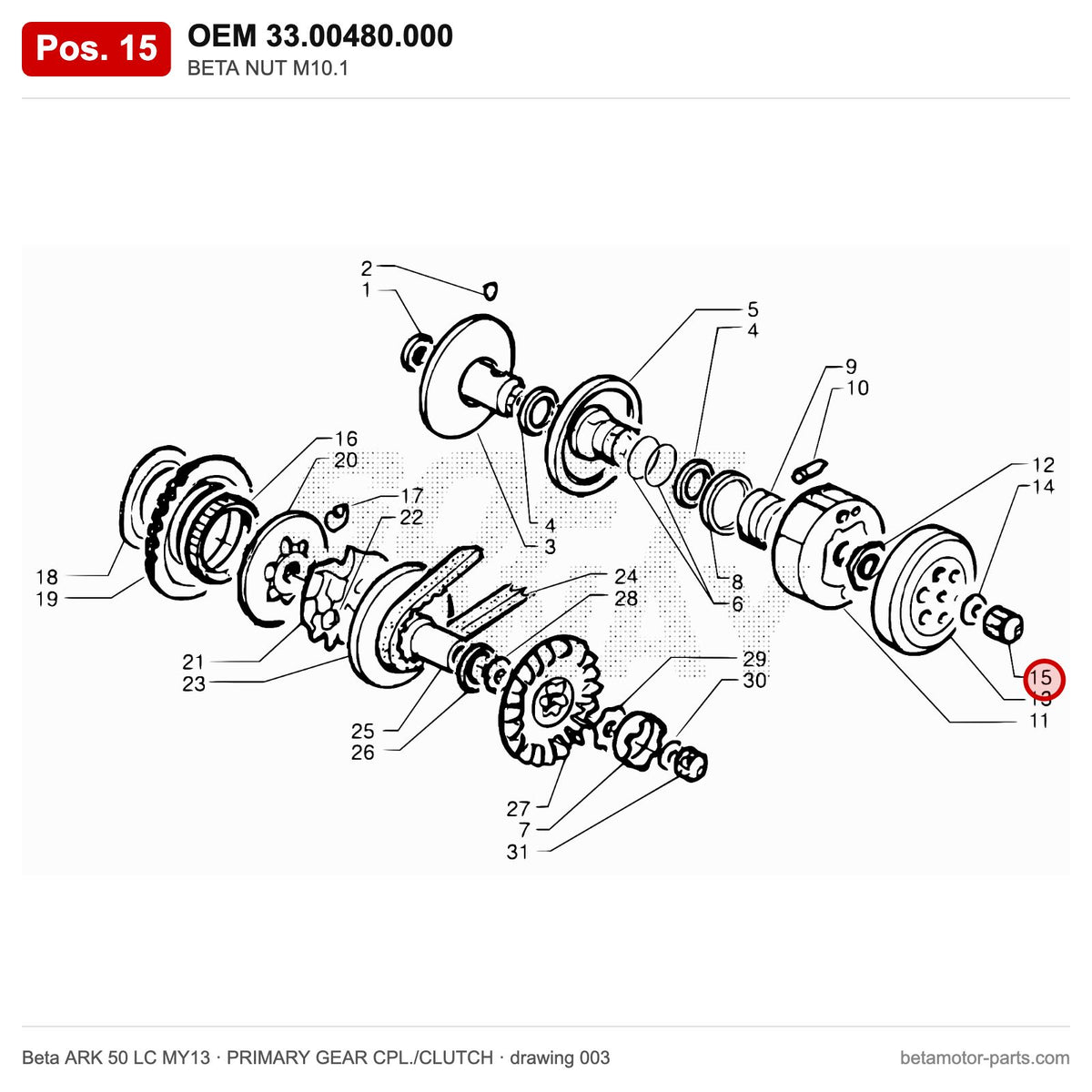 BETA NUT M10.1 – OEM 33.00480.000, position 15 on the Beta ARK 50 LC MY13 primary gear cpl./clutch drawing