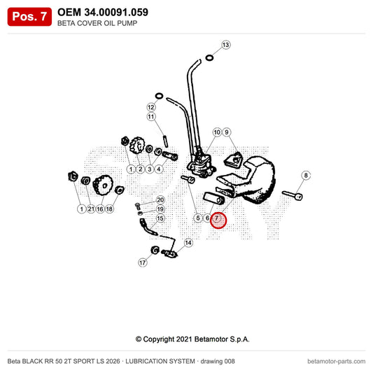 BETA COVER OIL PUMP – OEM 34.00091.059, position 7 on the Beta BLACK RR 50 2T SPORT LS 2026 lubrication system drawing
