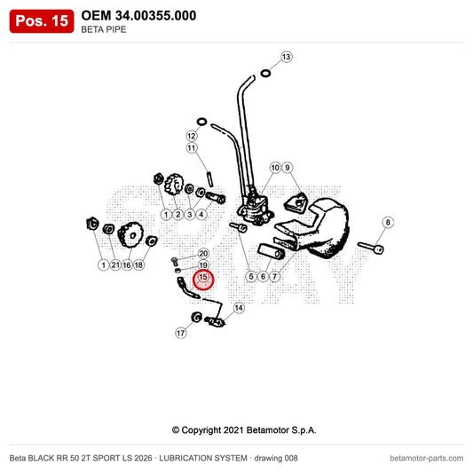 BETA PIPE – OEM 34.00355.000, position 15 on the Beta BLACK RR 50 2T SPORT LS 2026 lubrication system drawing