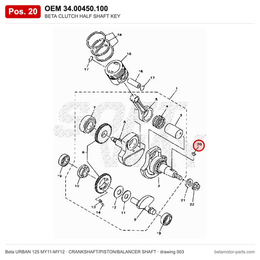 BETA CLUTCH HALF SHAFT KEY – OEM 34.00450.100, position 20 on the Beta URBAN 125 MY11-MY12 crankshaft/piston/balancer shaft drawing