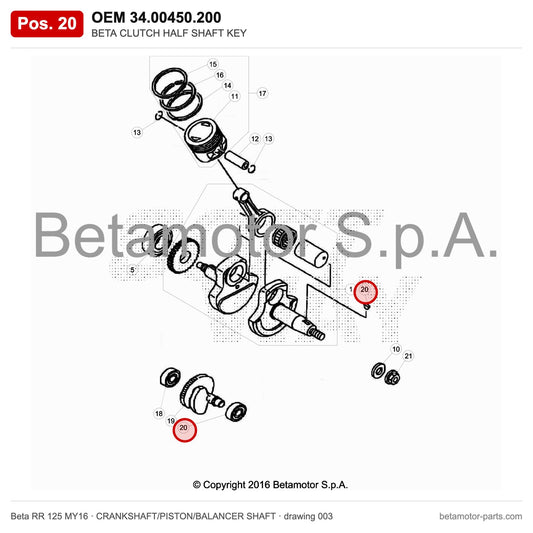BETA CLUTCH HALF SHAFT KEY – OEM 34.00450.200, position 20 on the Beta RR 125 MY16 crankshaft/piston/balancer shaft drawing